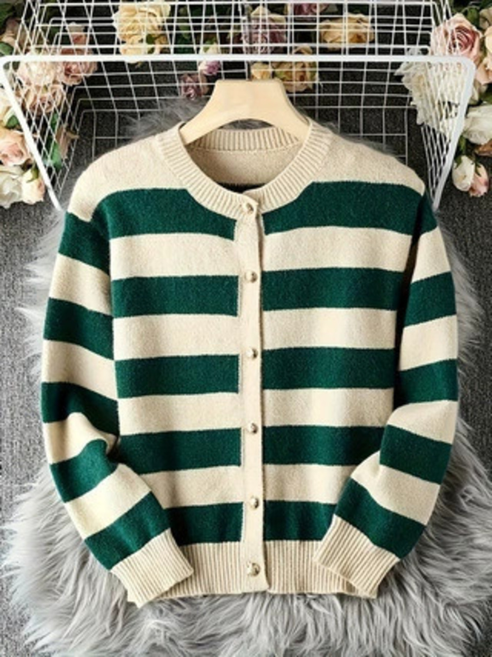 ZARA Oversized Green White Striped Knit Cropped Cardigan Thick Cozy